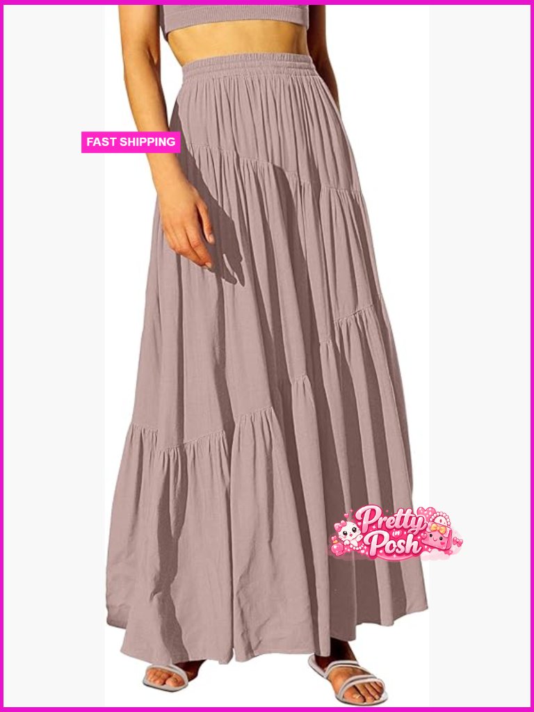 Boho Elastic High Waist Pleated A-Line Flowy Swing Asymmetric Tiered Maxi Skirt